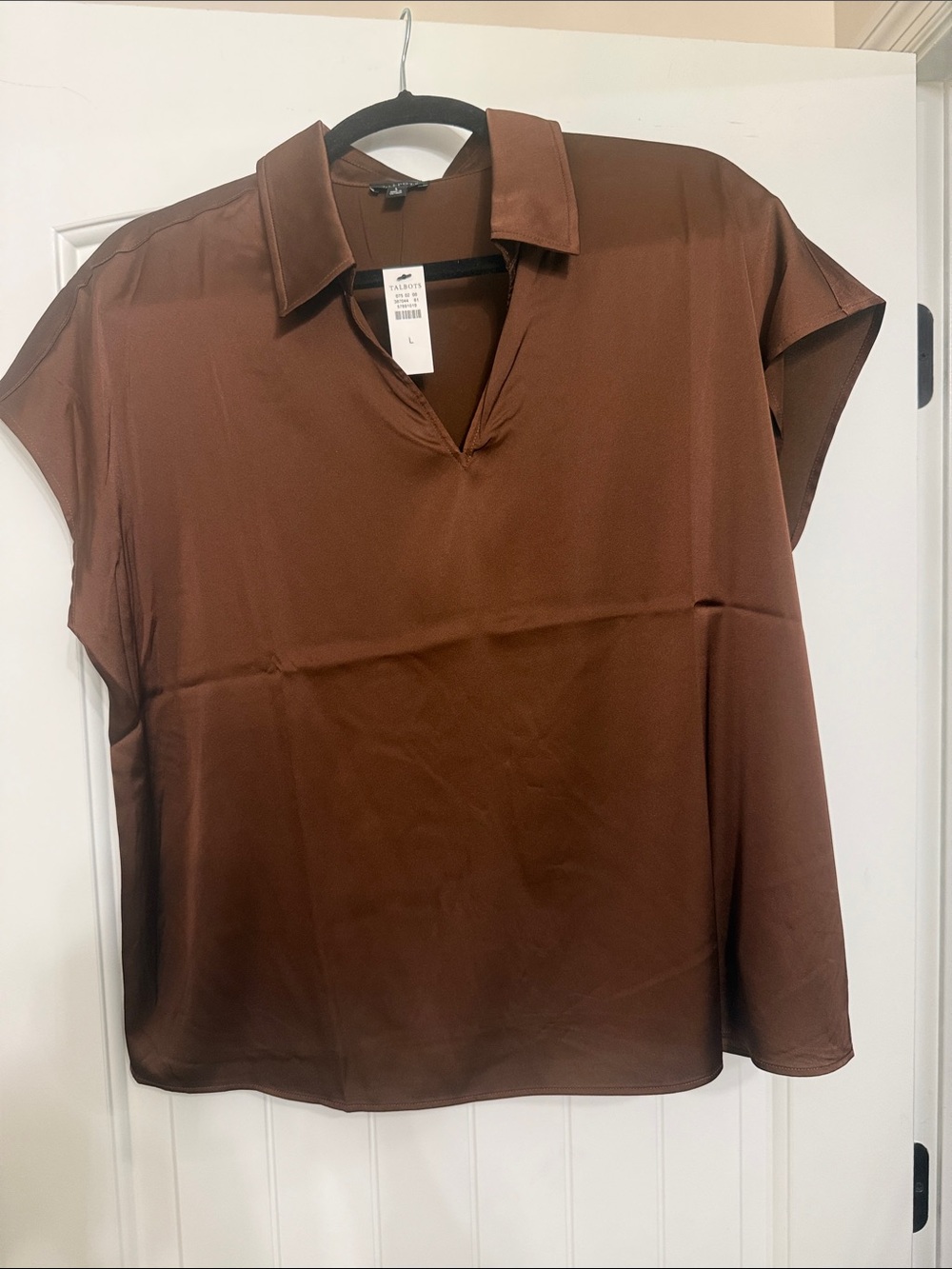 Talbots Chocolate Brown Short Sleeve Collared V-Neck Blouse